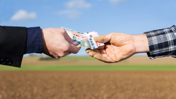 a businessman and farmer with a money transfer